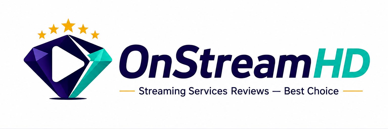 OnStreamHD logo featuring a premium play-button diamond icon with five gold stars and the tagline "Streaming Services Reviews – Best Choice".